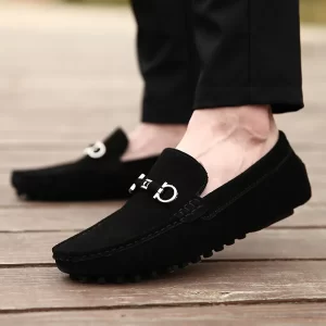 Jet Black Handmade Italian Suede Leather Penny Loafers with Designer Buckle